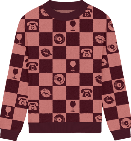 Maroon Checkered Knit Crewneck
